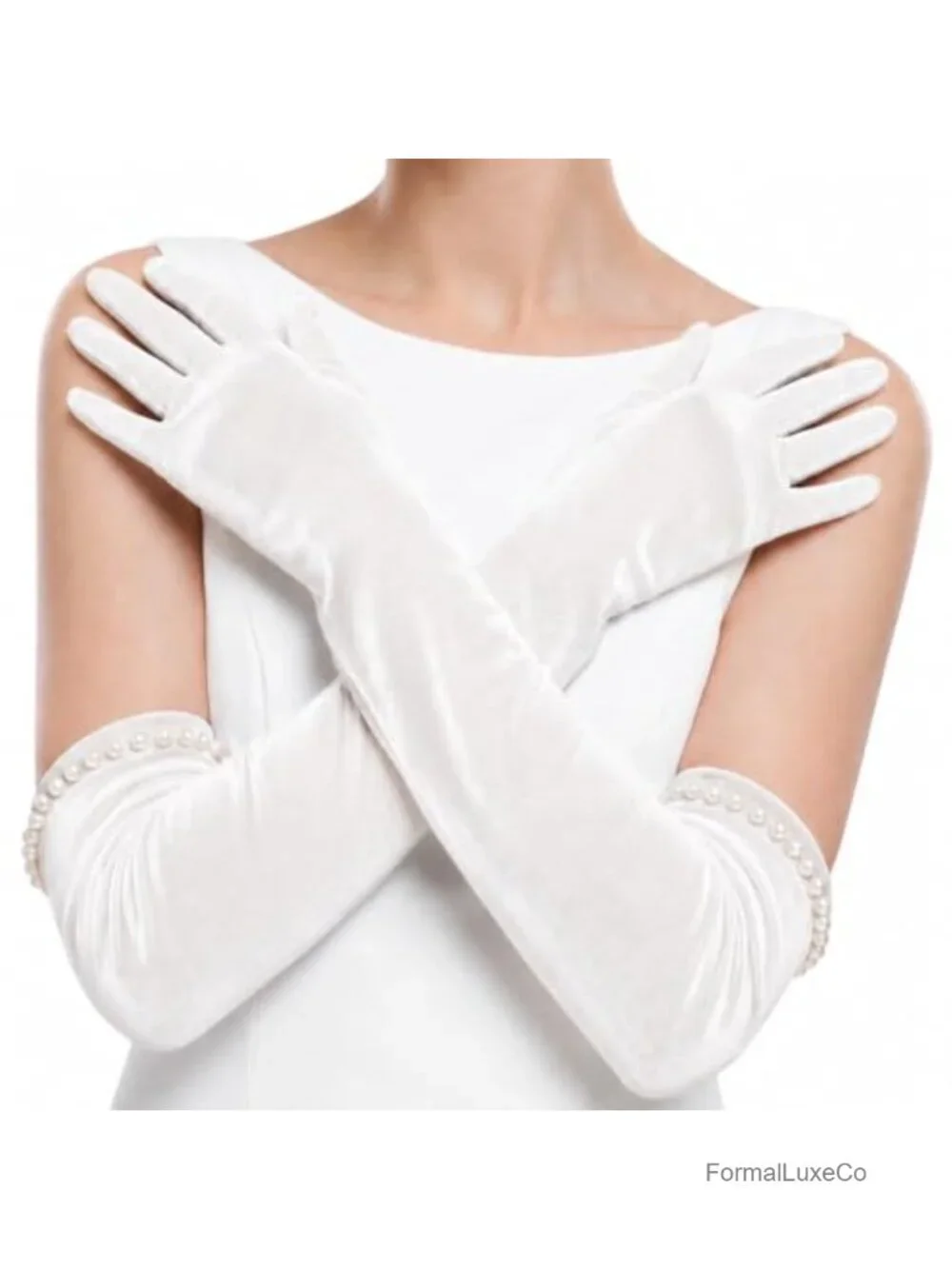 Women's Elbow Length Satin Formal Opera Gloves with Pearl Cuffs Costume Wedding